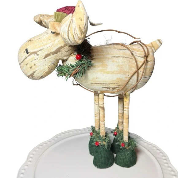 Plush Standing CHRISTMAS MOOSE, Rustic Wreath Winter Scarf Hat 12X10 Cottagecore - Picture 2 of 10